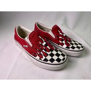 Vans Classic Slip-On Checker Flame Red White Black Skate Shoes Men 6.5 Women 8